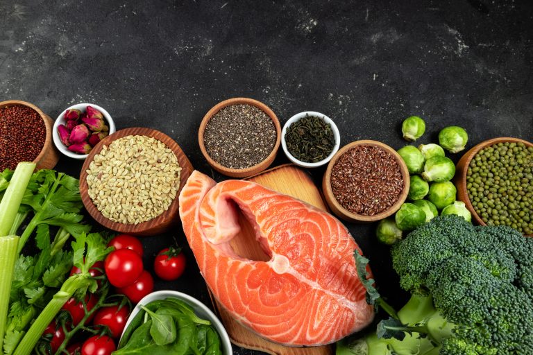 Omega-3 fatty acids and eye health, featuring salmon, walnuts, and flaxseeds