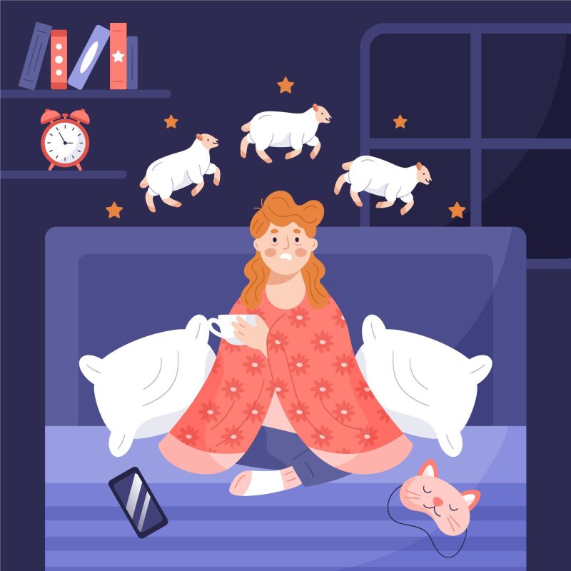 Illustration of a woman sitting awake in bed at night, insomnia and the idea of counting sheep to fall asleep.